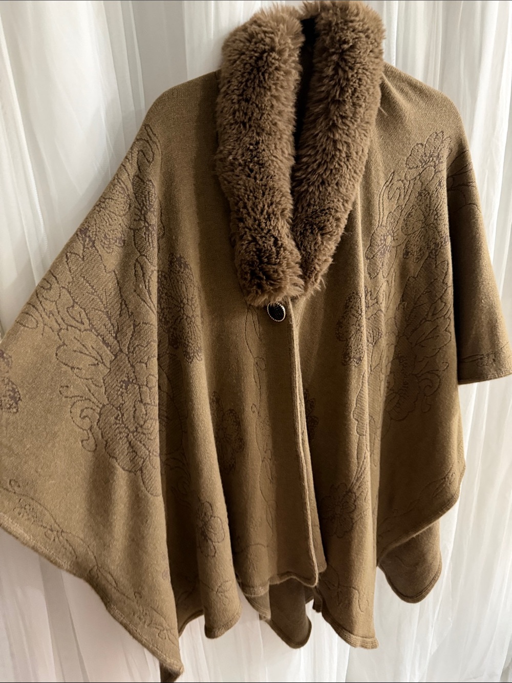 Women's Brown Faux-Fur Trim Poncho Sweater